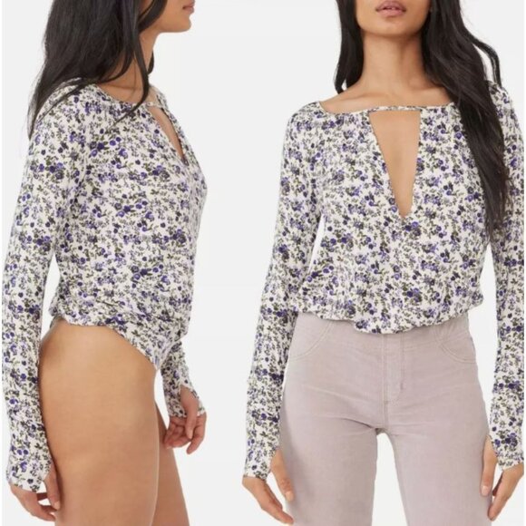 Free People Intimately Free Kaya Print Cutout Bodysuit Blue Micro Floral Fairy - Picture 1 of 13